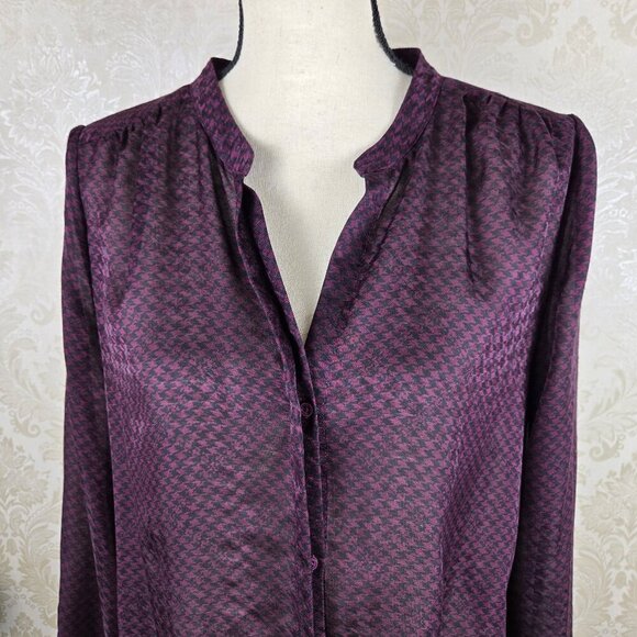 Joie Size Medium Purple Black Houndstooth Print Button Up Blouse Long Sleeve - Picture 2 of 12